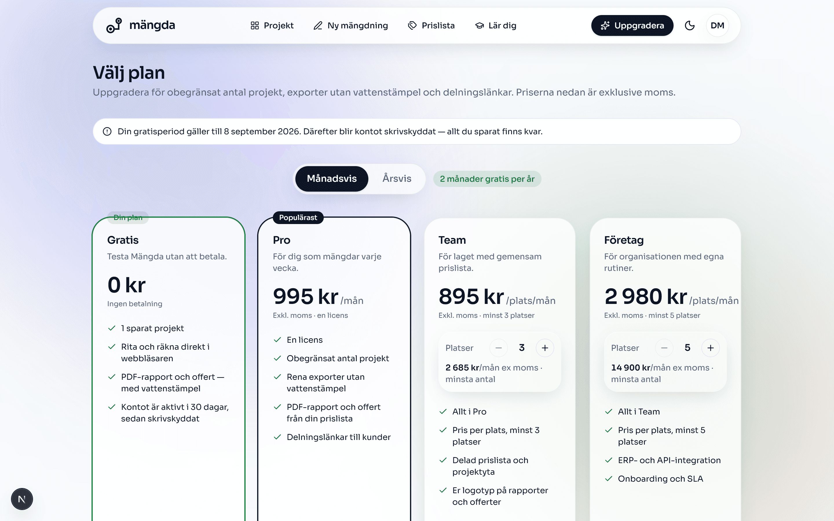 Choose a plan: the seat picker already sits at the minimum for Team and Företag.